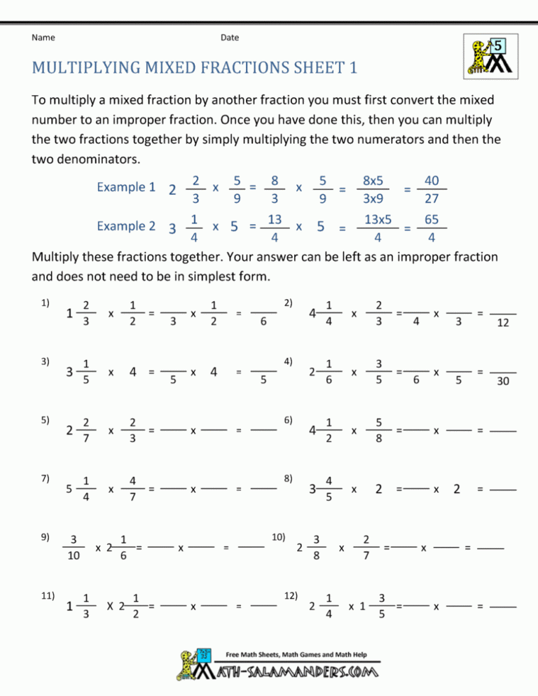 Multiplication Of Mixed Fraction Worksheet
