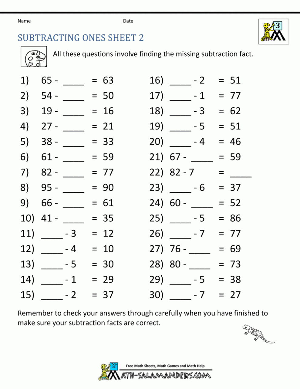 Third Grade Subtraction Worksheets