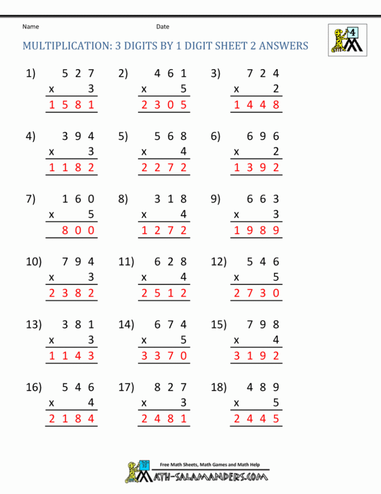 4Th Grade Multiplication Worksheets With Answers