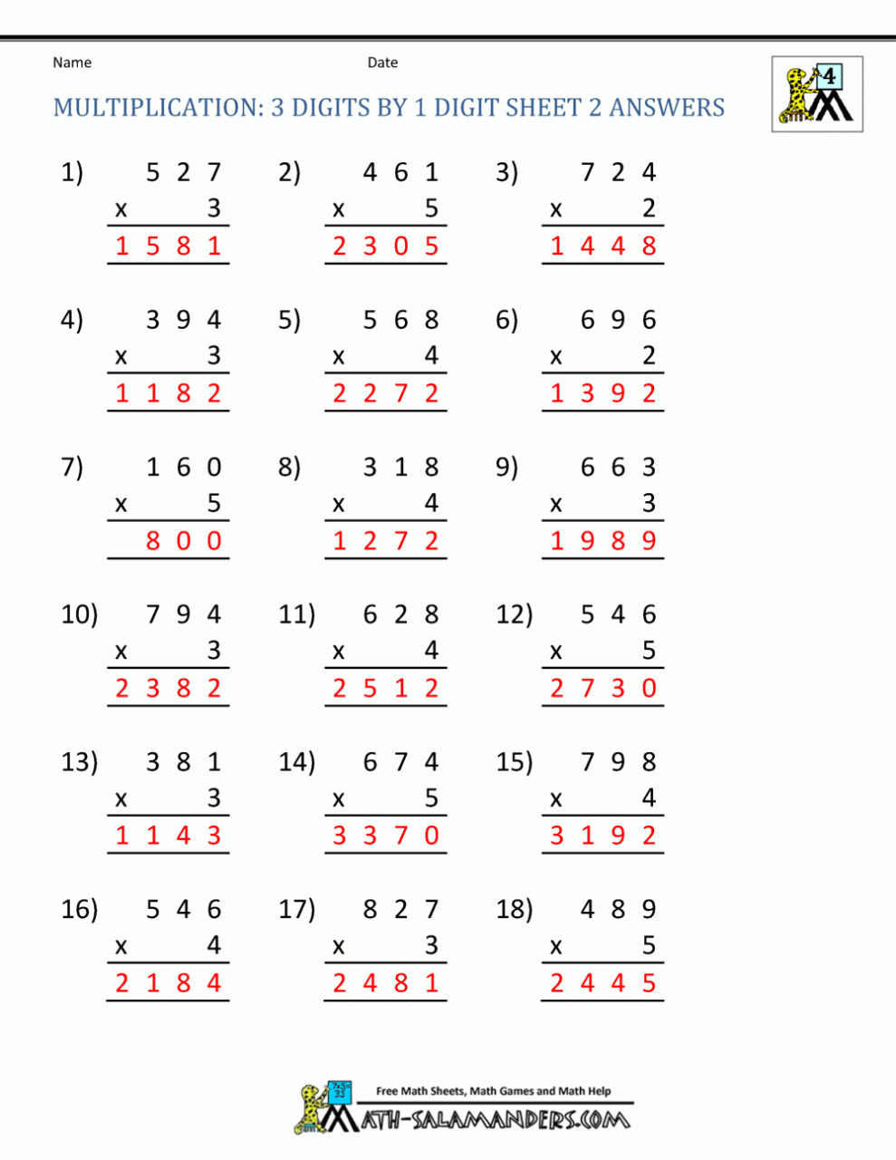 Multiplication Math Worksheets 4Th Grade