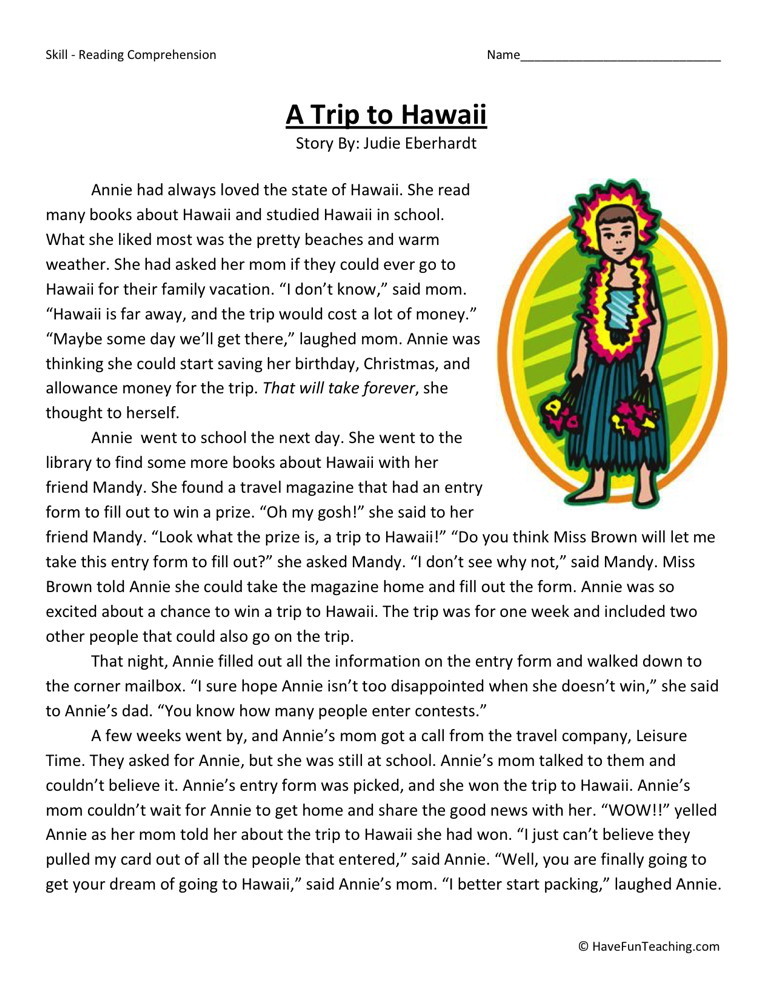 Reading Comprehension Worksheet A Trip to Hawaii