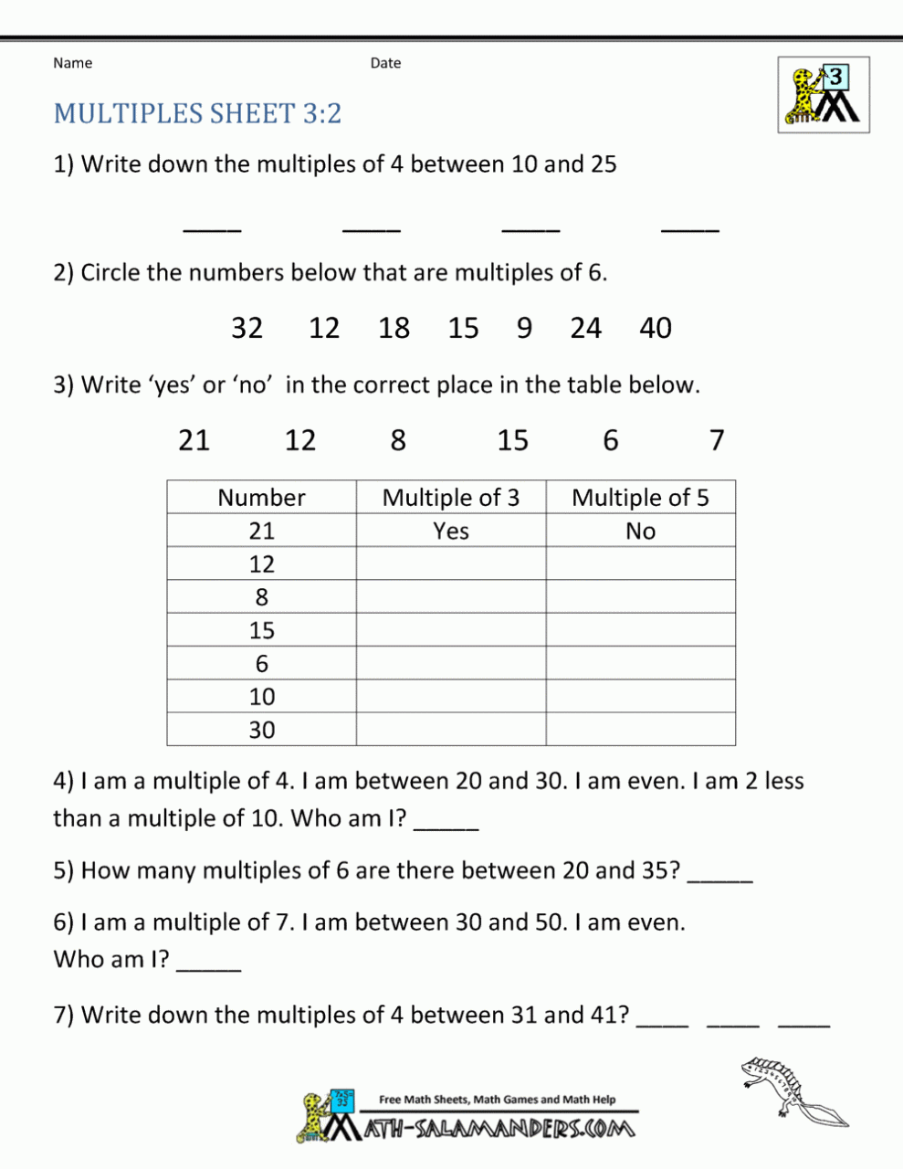 Multiples Worksheet Grade 4