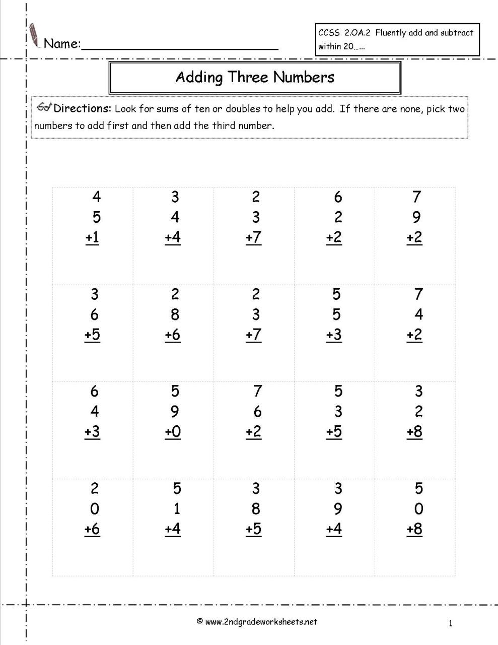 4 Free Math Worksheets Second Grade 2 Addition Add 3 Single Digit