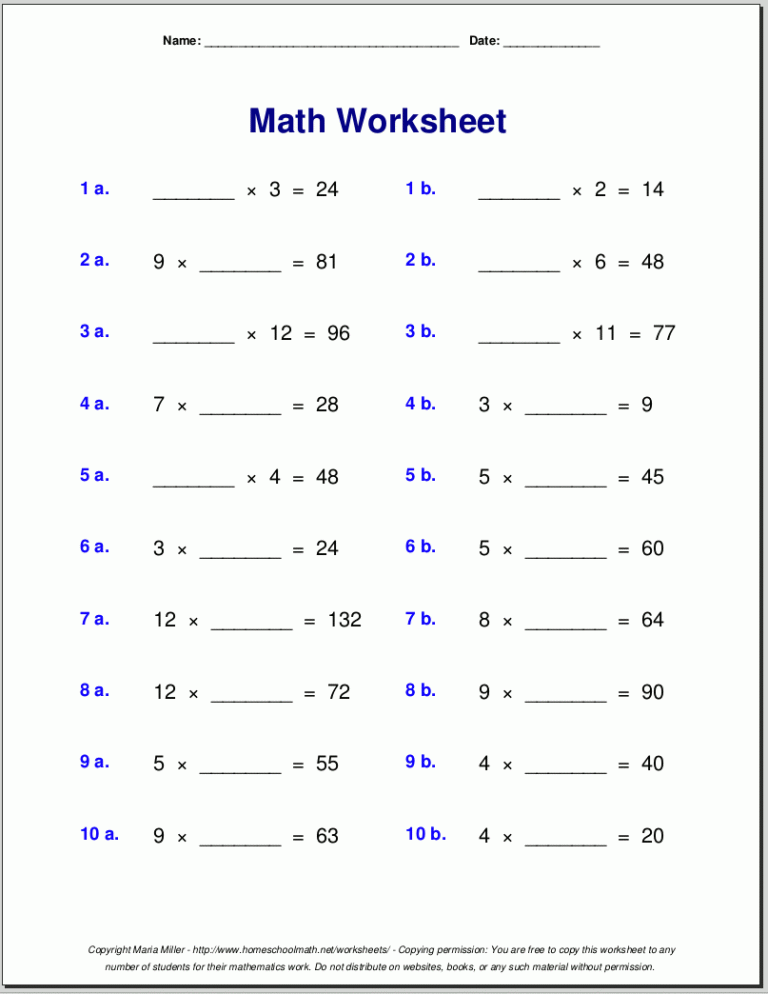 Multi Digit Multiplication Worksheets 4Th Grade