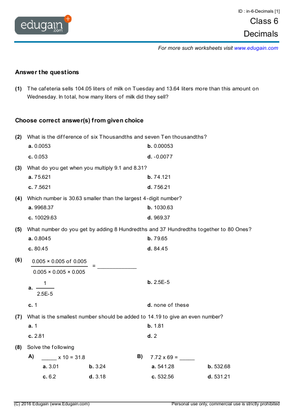 Grade 6 Math Worksheets Pdf With Answers