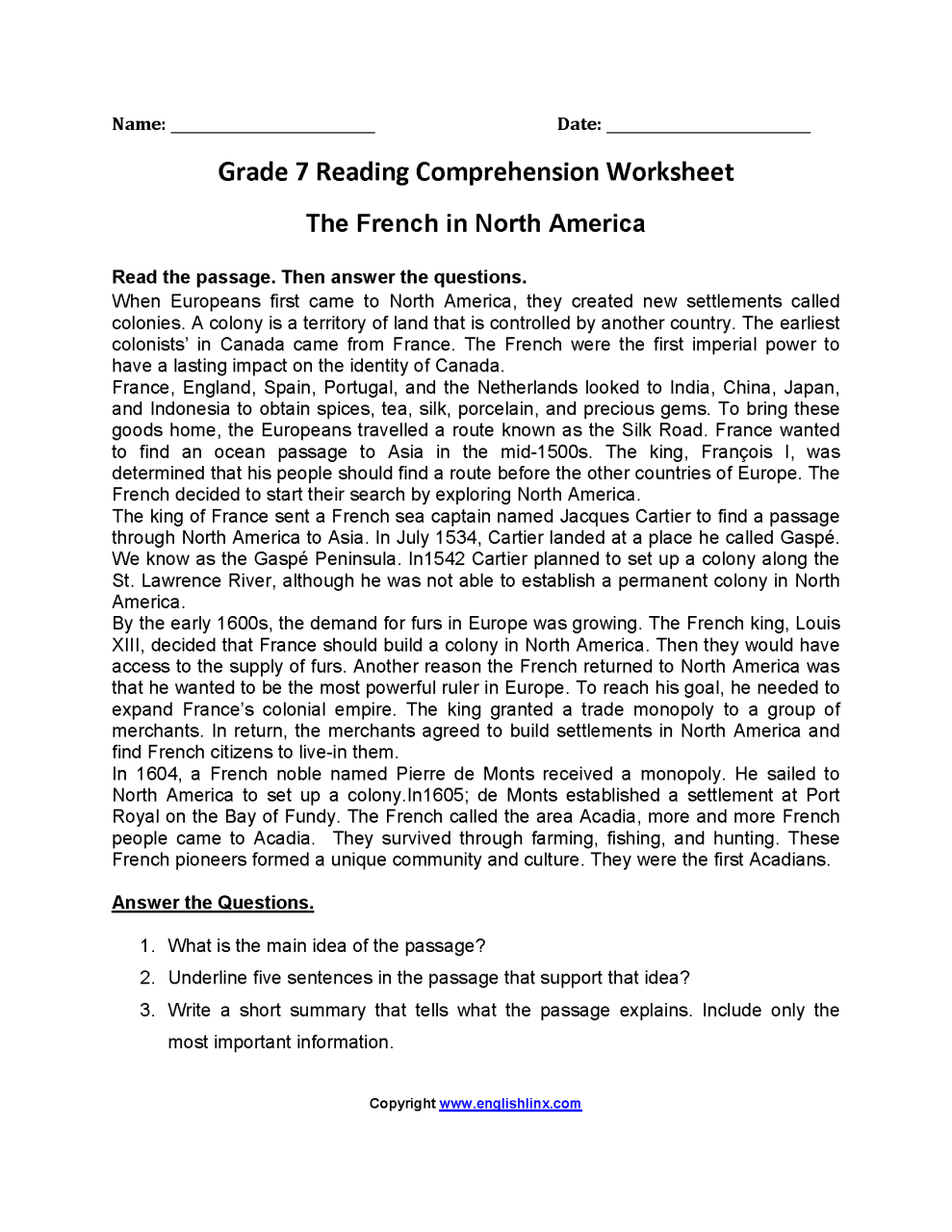 Grade 7 Reading Comprehension Worksheets Pdf amulette