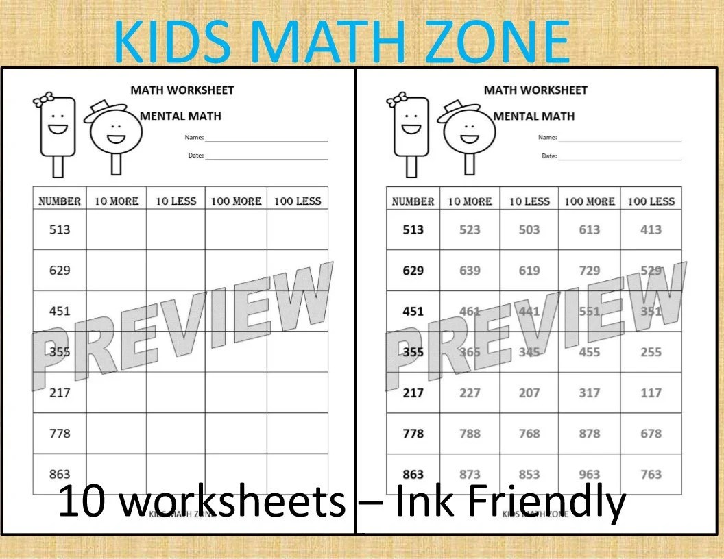 Mental Math 10 Math Worksheets pdf/ Kindergarten Year 1 Etsy
