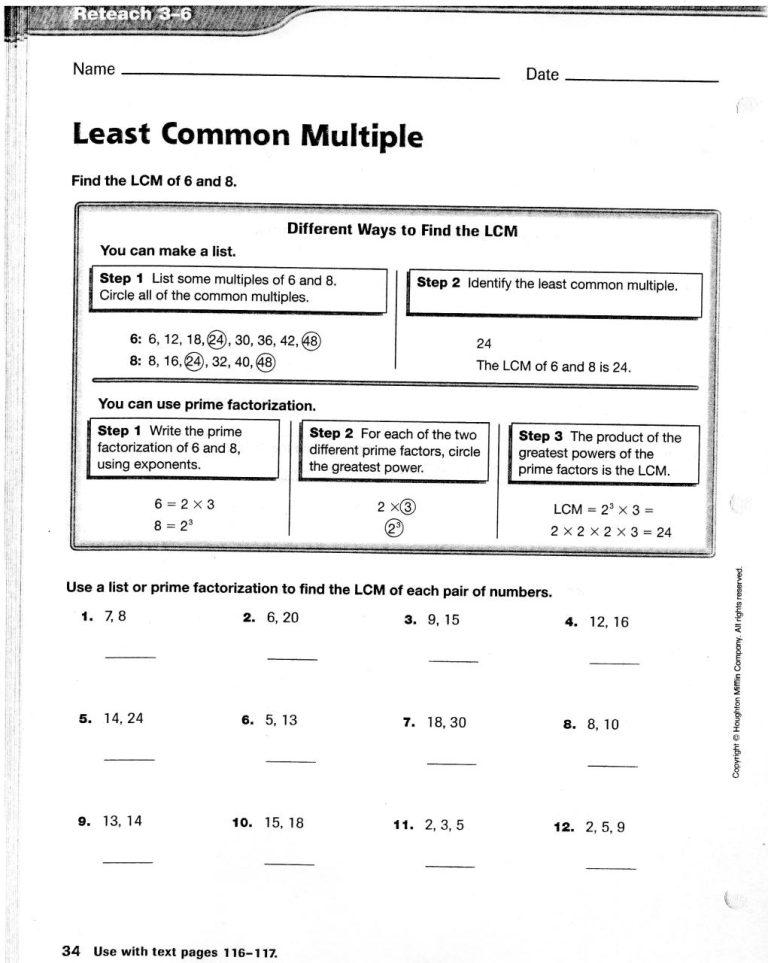 Least Common Multiple Worksheet 6Th Grade