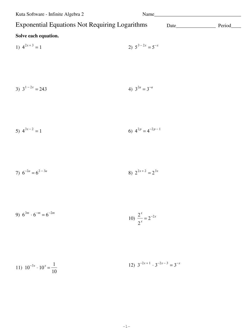 Algebra 2 Solving Exponential And Logarithmic Equations Worksheet