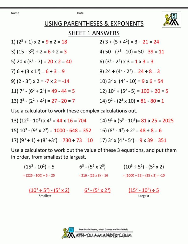 Math Worksheets For 5Th Grade Order Of Operations