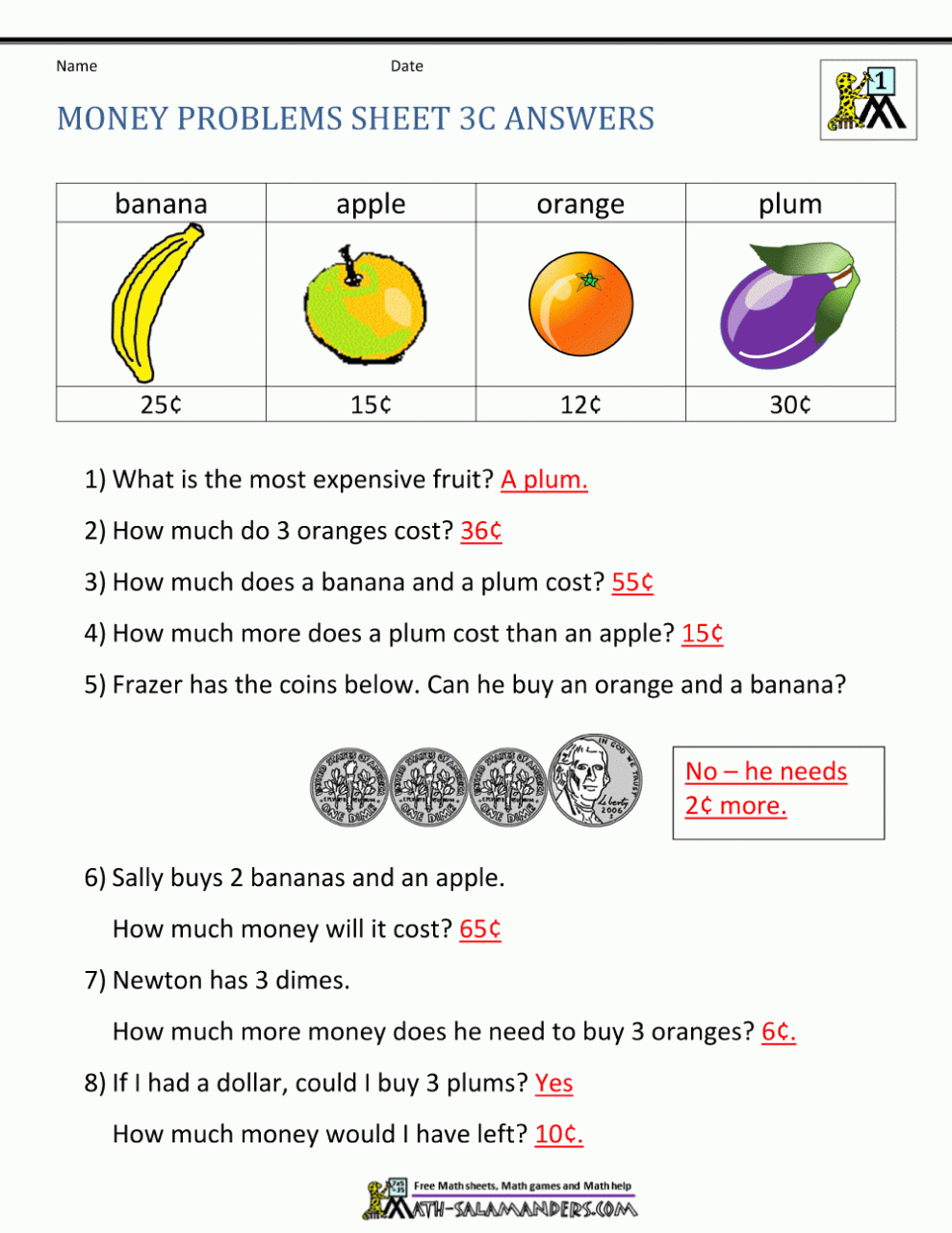 First Grade Math Money Worksheets Printable