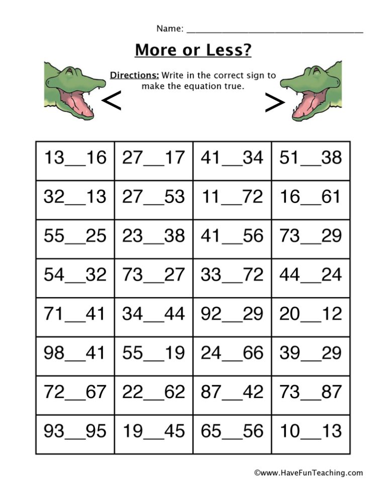 Math Worksheets For Grade 1 Greater Than Less Than