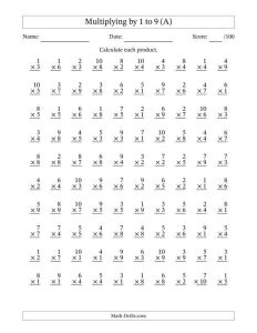 100 Vertical Questions Multiplication Facts 19 by 110 (A