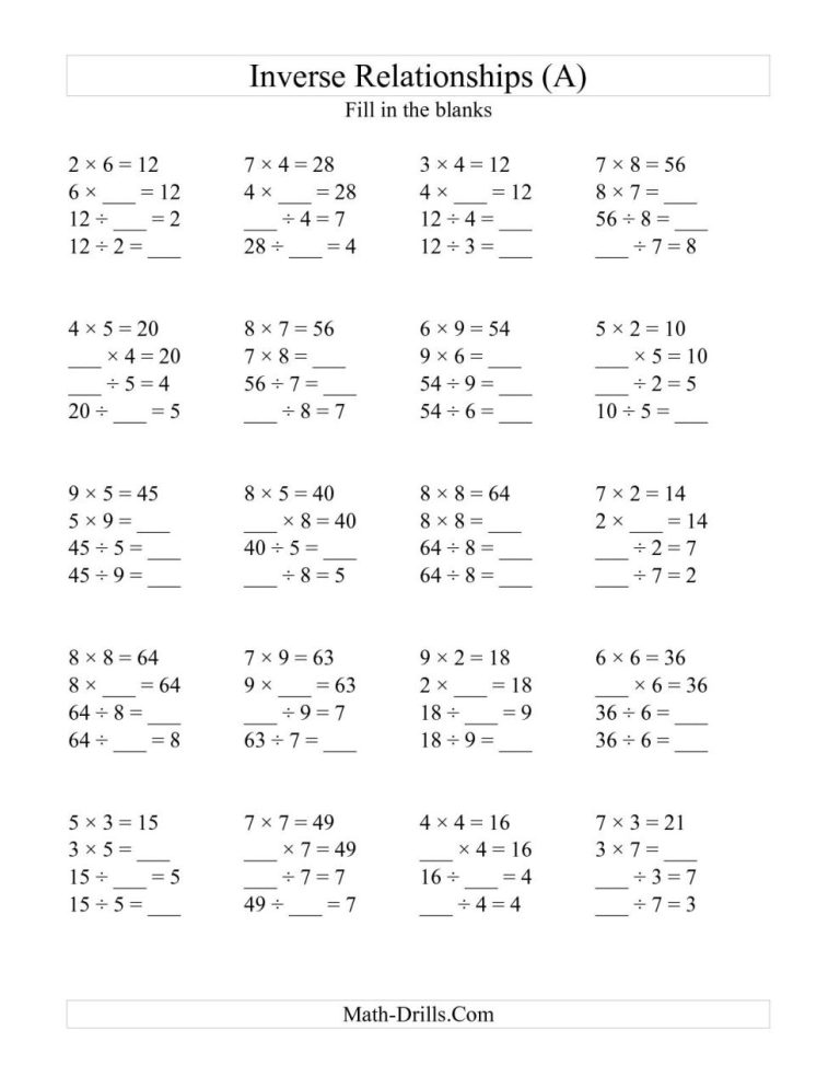 Math Facts Worksheets Multiplication And Division