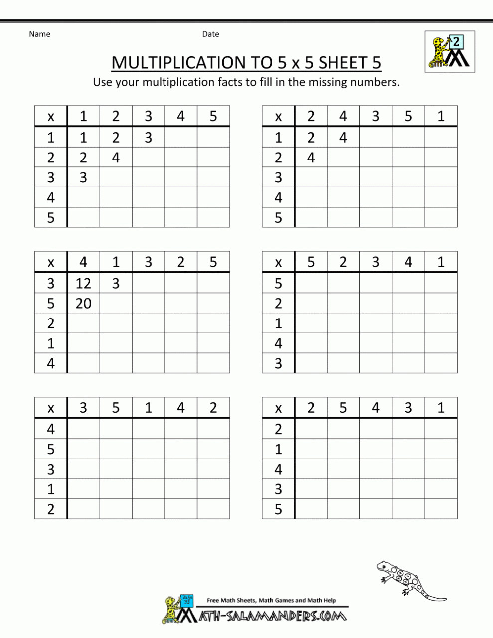 Multiplication to 5x5 Worksheets for 2nd Grade