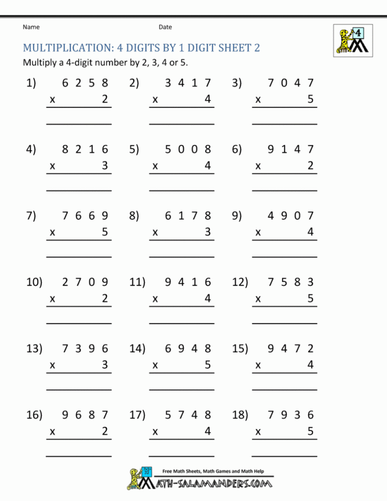 Multiplication 4 Digits By 2 Digits Worksheets