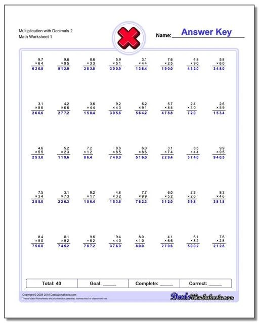 Multiplication Worksheets Multiplication with Decimals