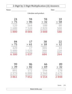 Multiplying 2Digit by 2Digit Numbers (Large Print) with Space