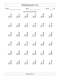 Multiplying (1 to 9) by 9 (35 questions per page) (A)
