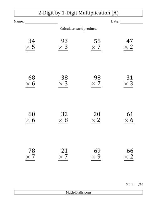 Multiplying 2Digit by 1Digit Numbers (Large Print) (A)