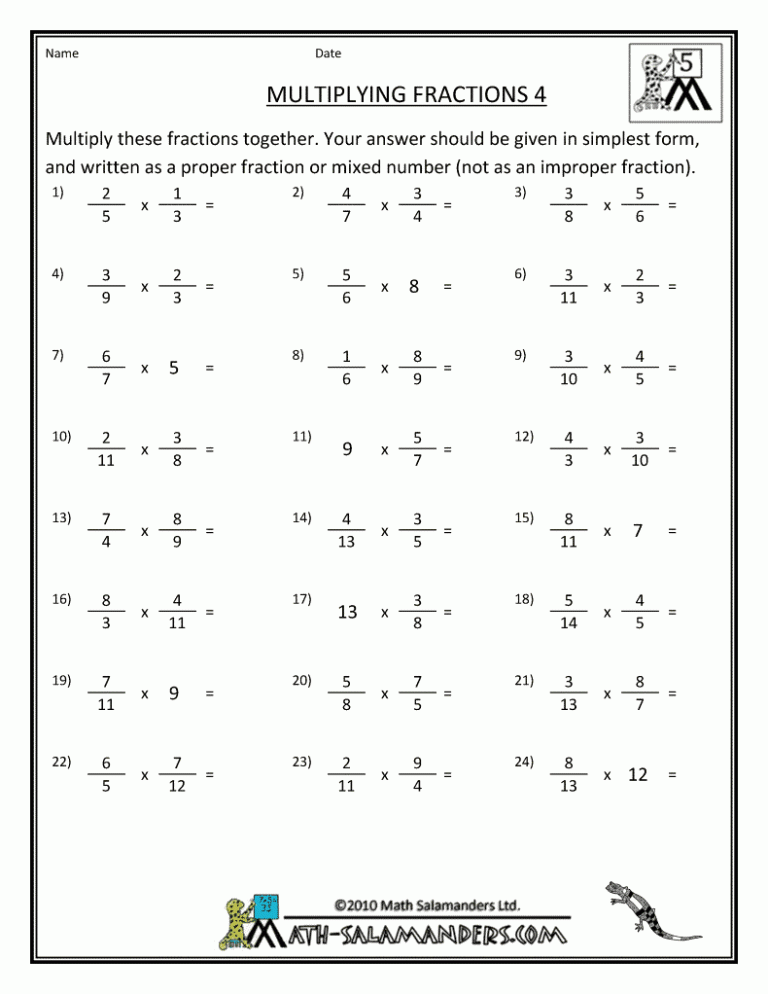 Multiplication Of Mixed Numbers Worksheet Pdf
