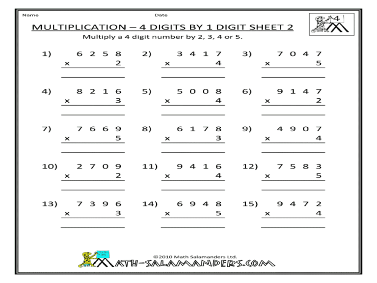 Multiplication Worksheets Grade 4 Single Digit