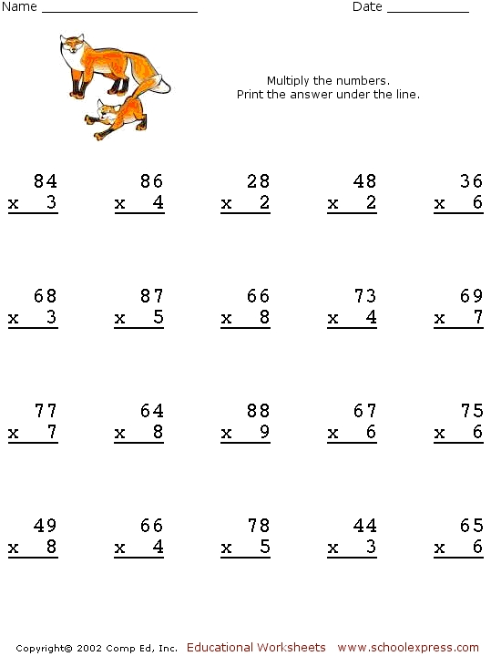 Multiply the Numbers (Twodigit by Onedigit) Worksheet for 3rd 4th