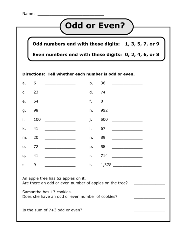 Math Worksheets For Grade 3 Even And Odd Numbers