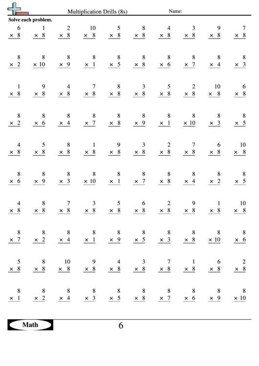 Multiplication Drills (8s) Multiplication Worksheet With Answers