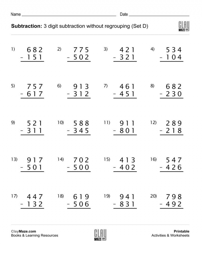 2nd Grade Math Worksheets 3 Digit Subtraction with Regrouping Printable