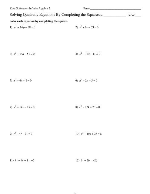 Completing The Square Worksheet Answers Kuta Software Algebra 1