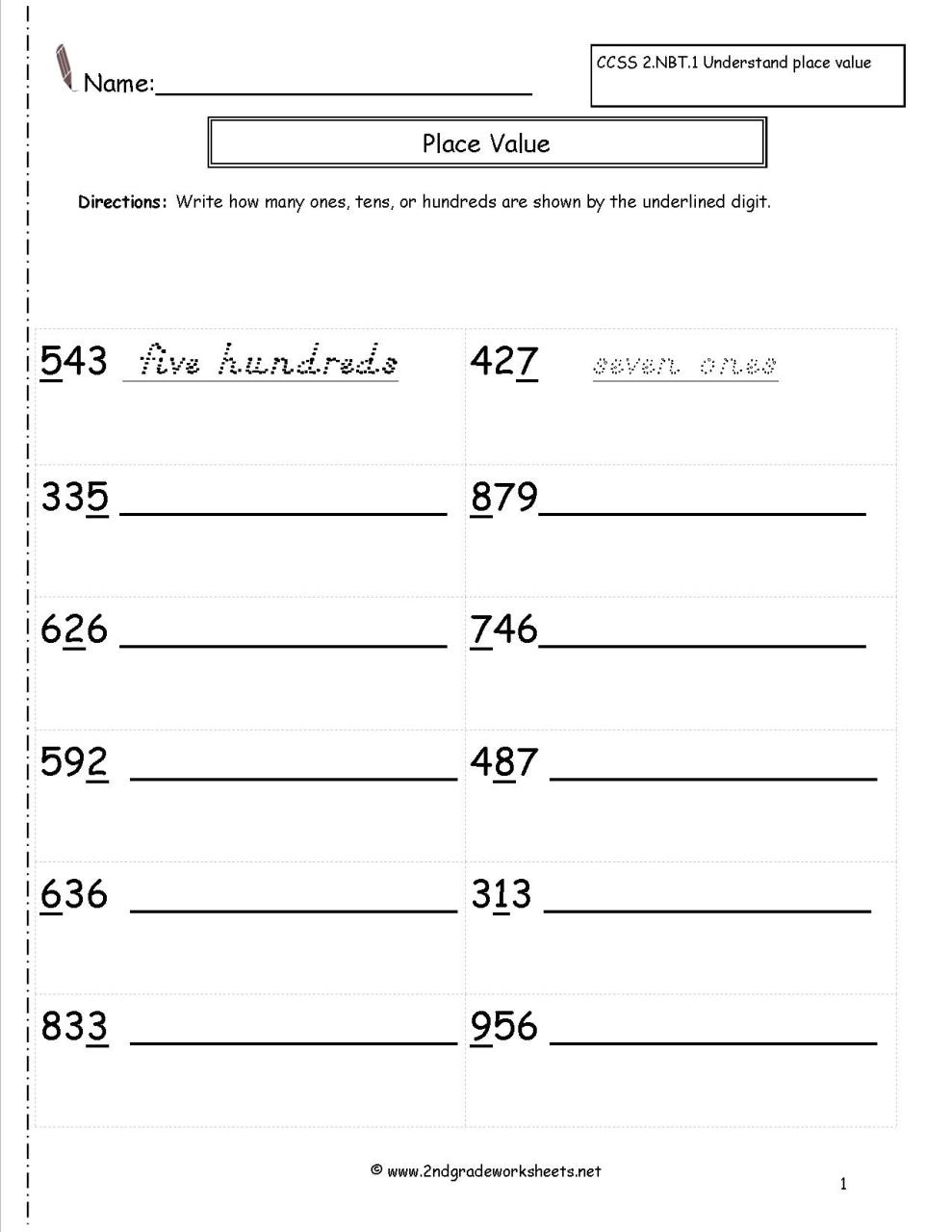 Second Grade Math Worksheets Place Value