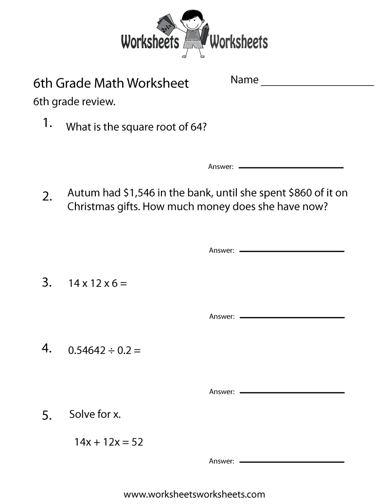 Free Printable Sixth Grade Math Practice Worksheet