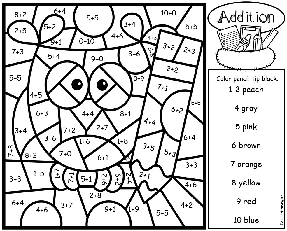 Addition Color by Number Back to School Addition Facts Worksheets