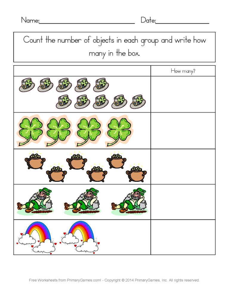 St Patrick's Day Math Worksheets Kindergarten