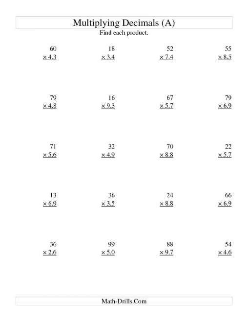 Multiplication Worksheets Decimals Grade 6