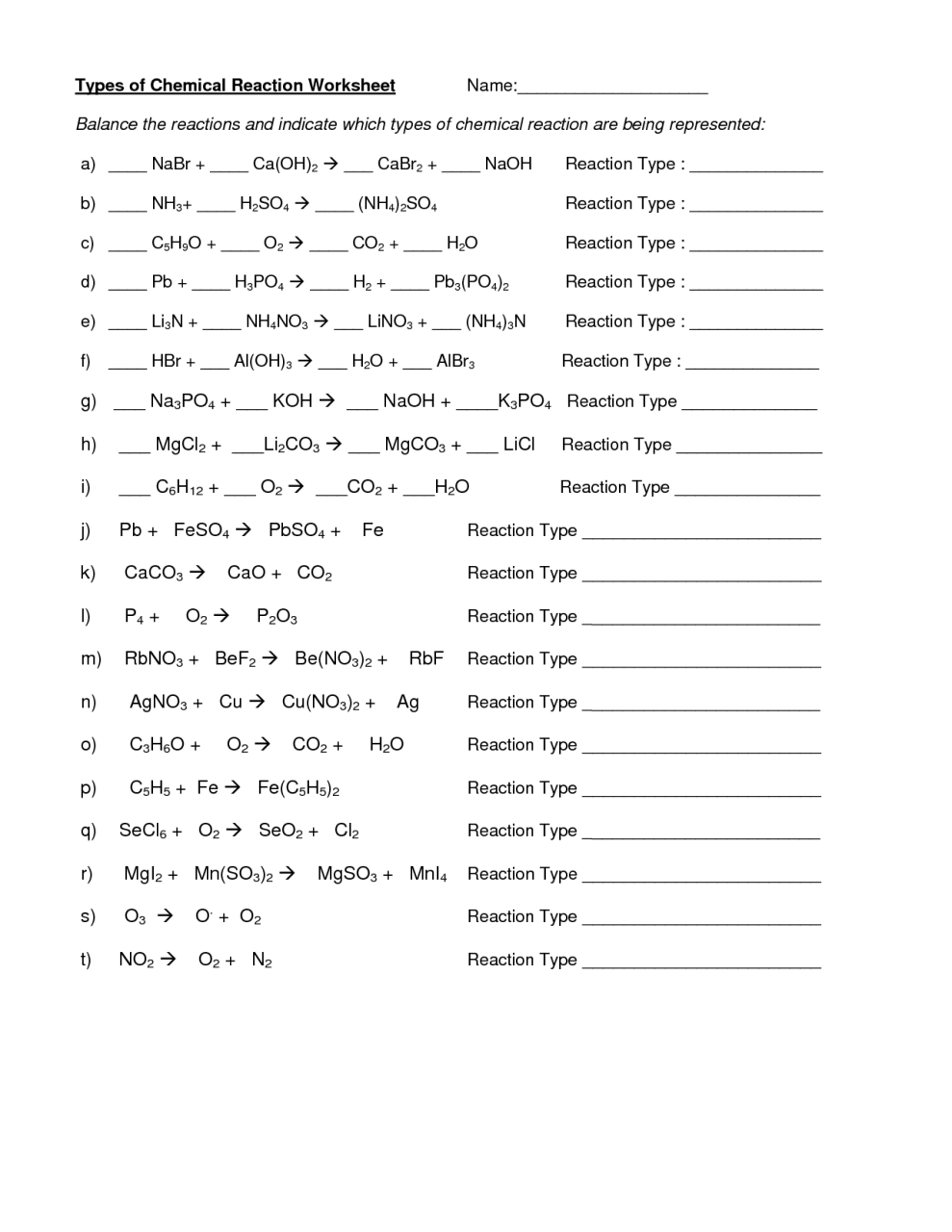 Predicting Products Of Chemical Reactions Worksheet Answer Key