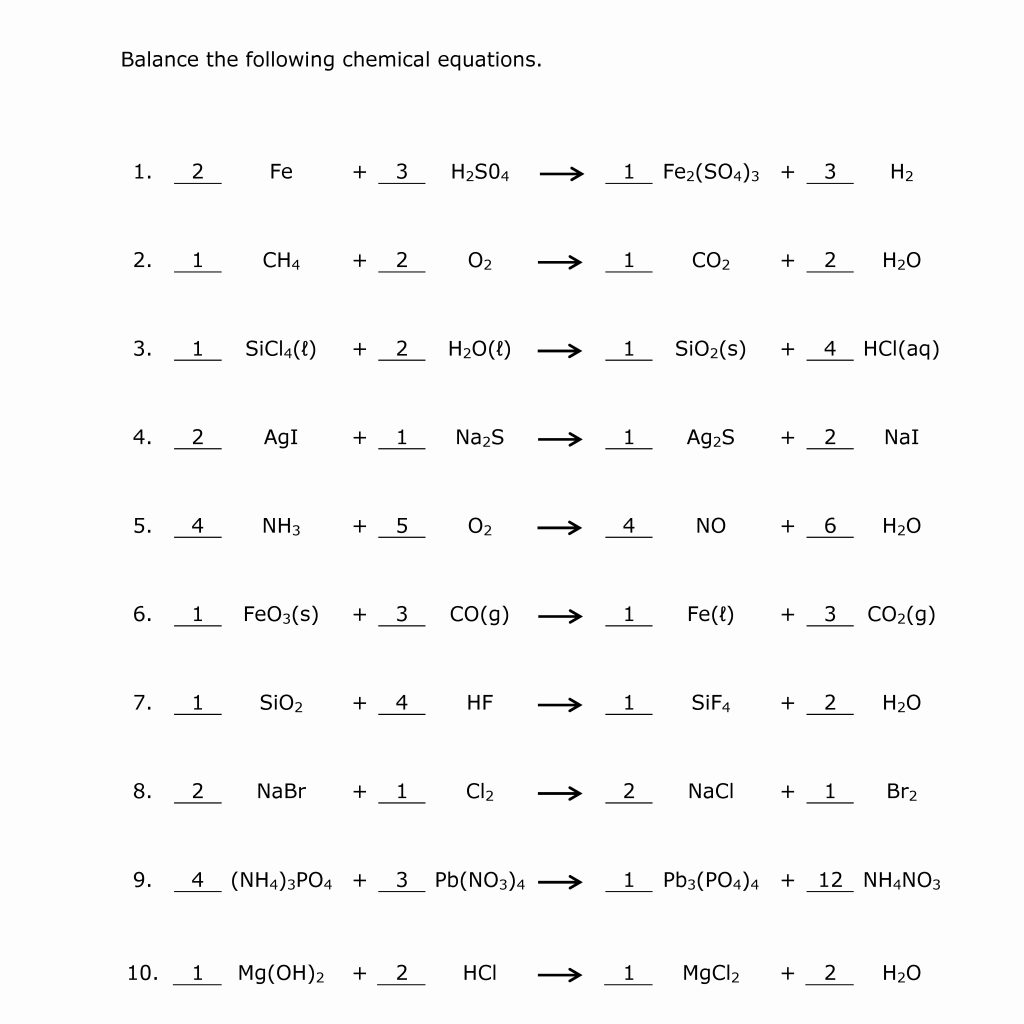 Balancing Equations Practice Worksheets Answers