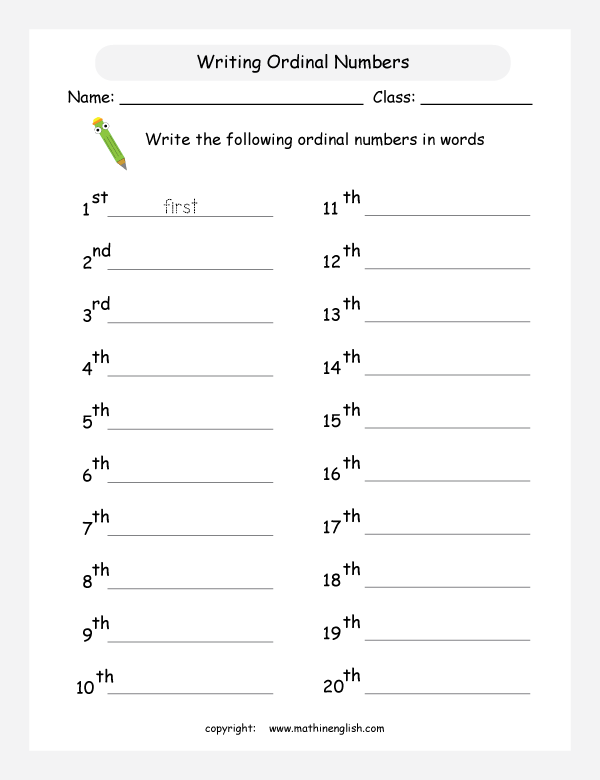 Math Worksheets For Grade 1 Ordinal Numbers