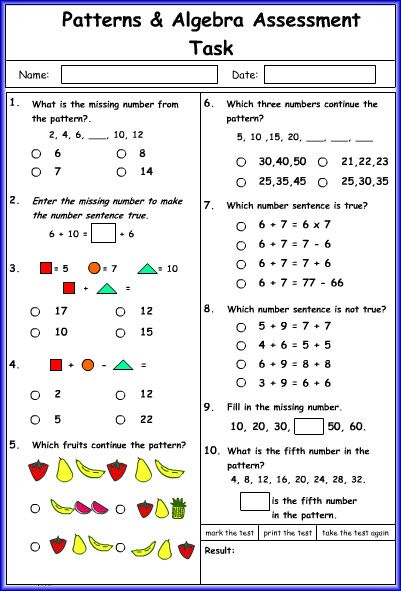 Algebra Number Patterns Worksheets Grade 7