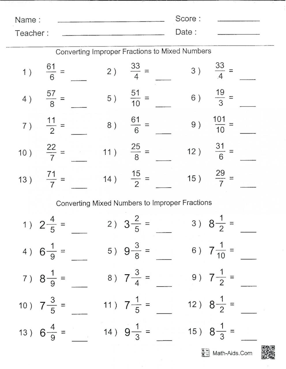 Sixth Grade Fractions Worksheets