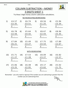 Subtracting Money Worksheets UK Money Grade 6 math worksheets, Free
