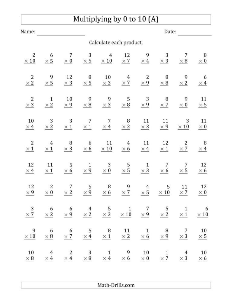 Multiplication Timed Test Printable 0-12 Free