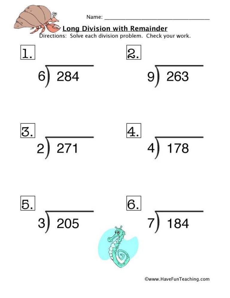 Long Division Worksheets Grade 4 With Remainders