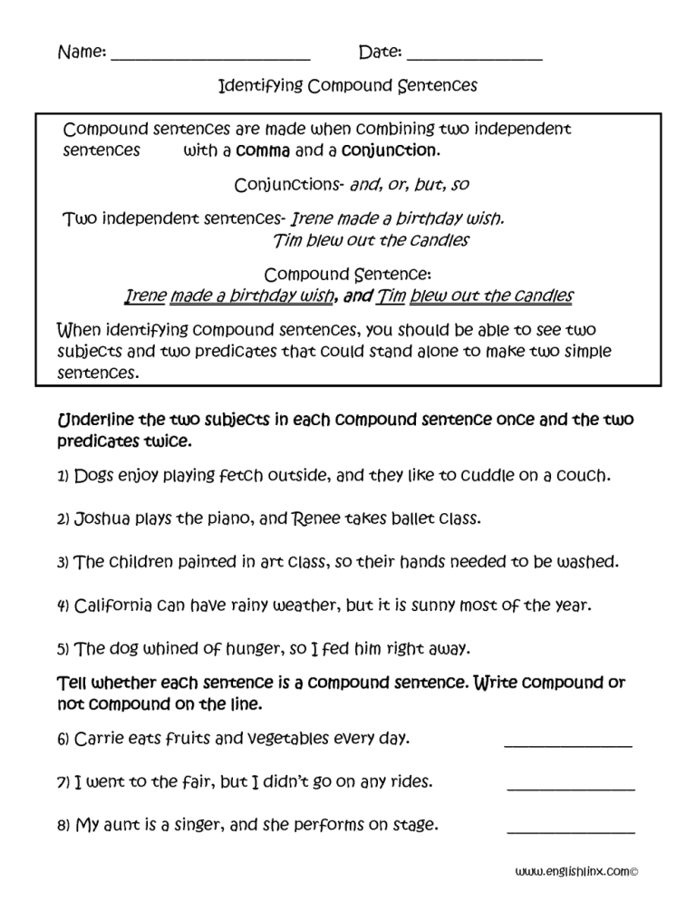 6th Grade Simple And Compound Sentences Worksheet With Answers