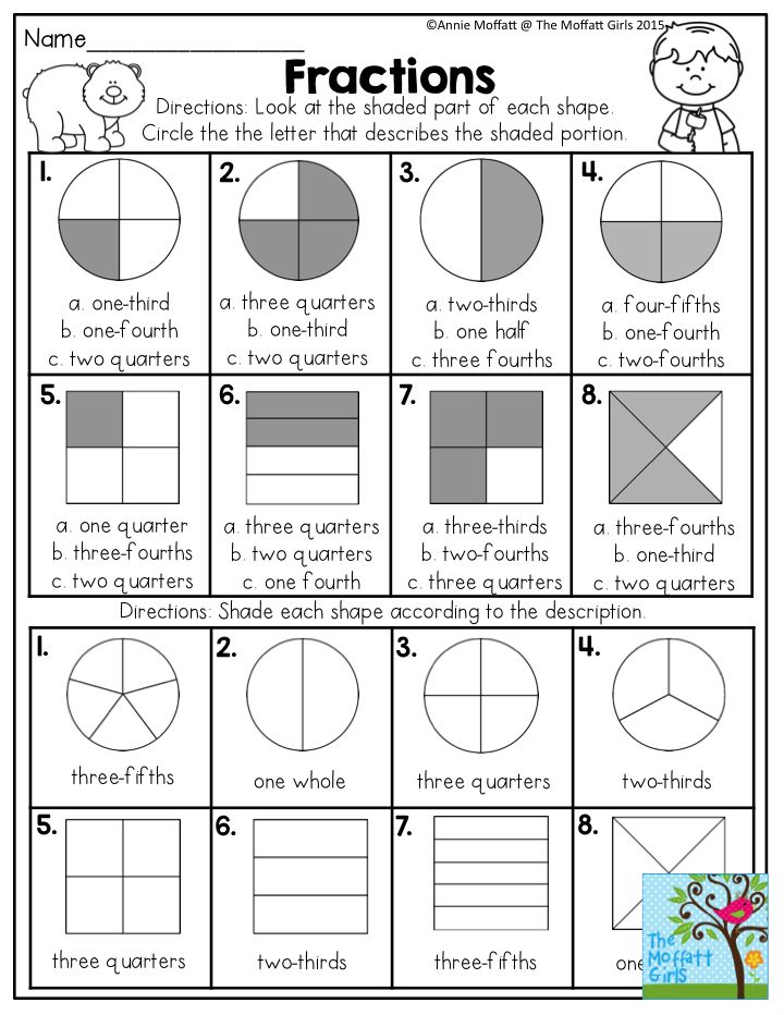 Fractions Look at the shaded part of each shape and circle the correct