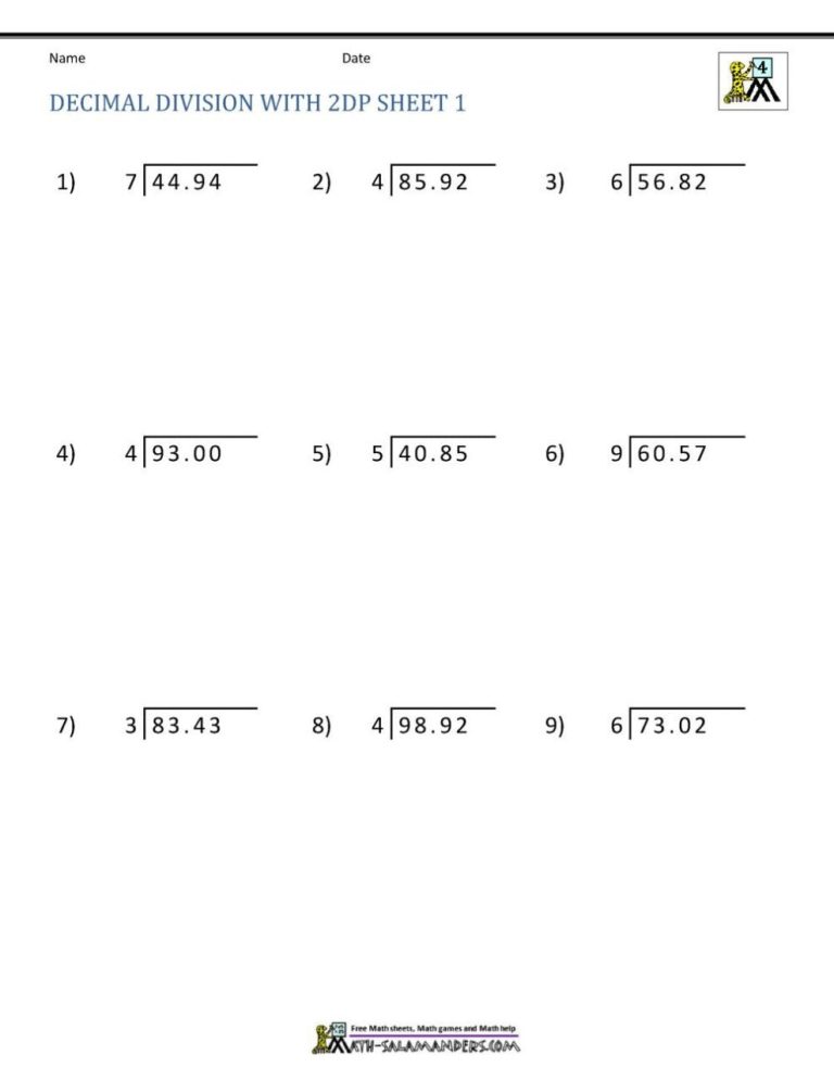 Math Worksheets Multiplication And Division Of Decimals