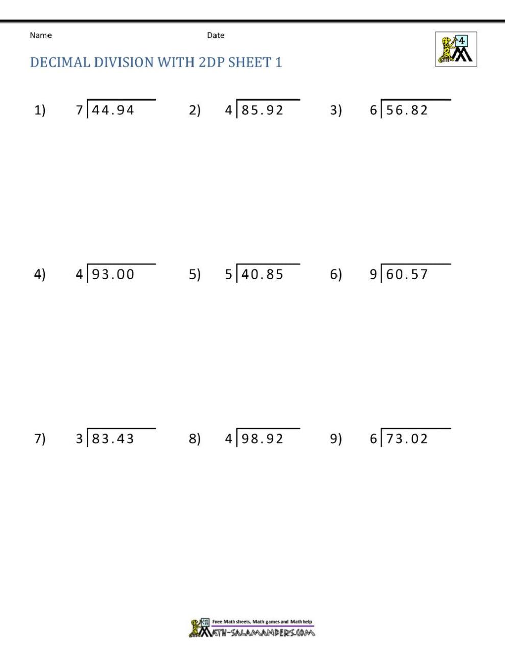 Math Worksheets Multiplication And Division Of Decimals
