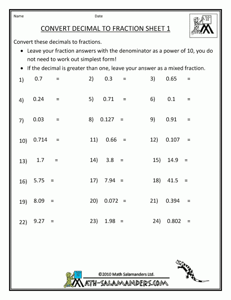 Converting Fractions To Decimals Worksheet With Answer Key