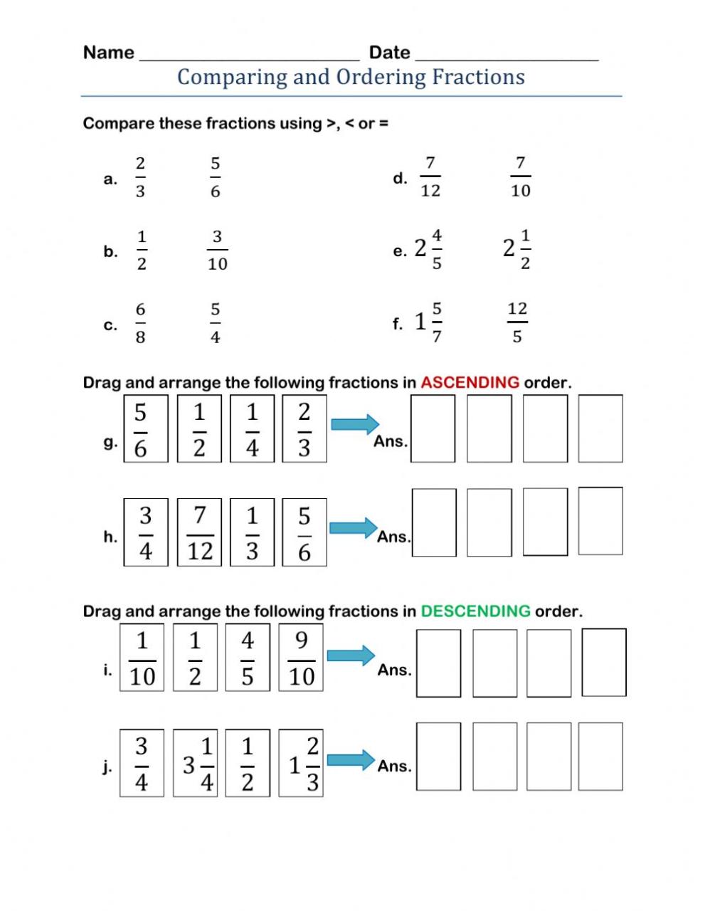 Compare Fractions Worksheet Year 5